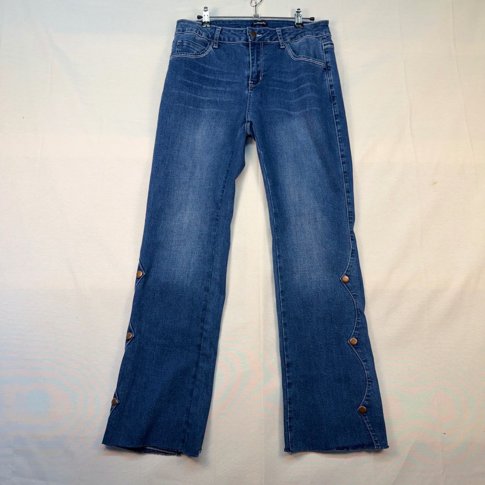 Flamingals Blue Scalloped Studded Straight Leg Jeans Medium Wash Raw Hem Size L